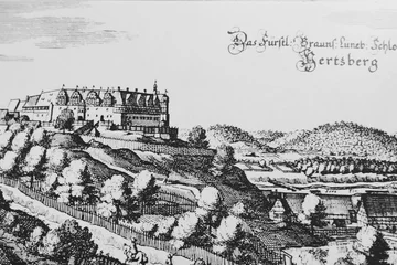 Stich von Merian Schloss Herzberg um 1654