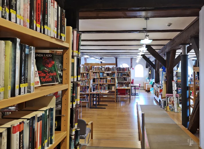 Eine Bibliothek in einem Fachwerkhaus mit mehreren Reihen Bücherschränken