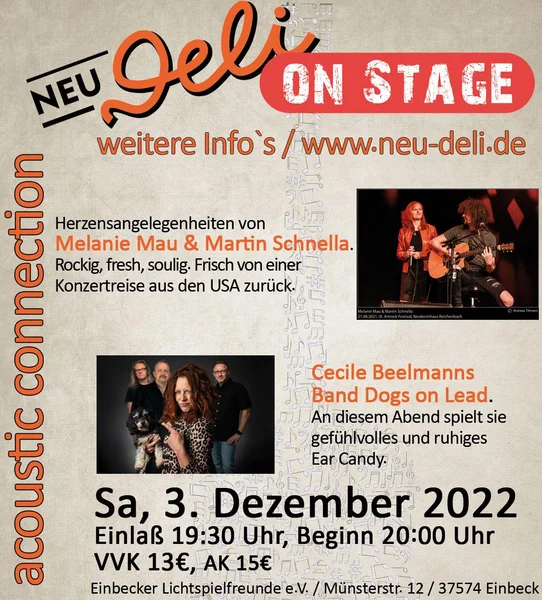 Flyer für Akustikkonzert mit Melanie Mau und Martin Schnella und der Band "Dogs on Lead" 