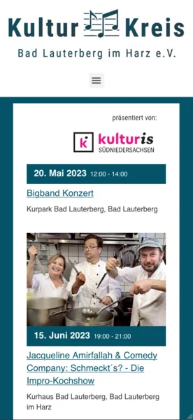 Screenshot des Filialkalender in der mobile Ansicht der Webseite des Kulturkreis Bad Lauterberg