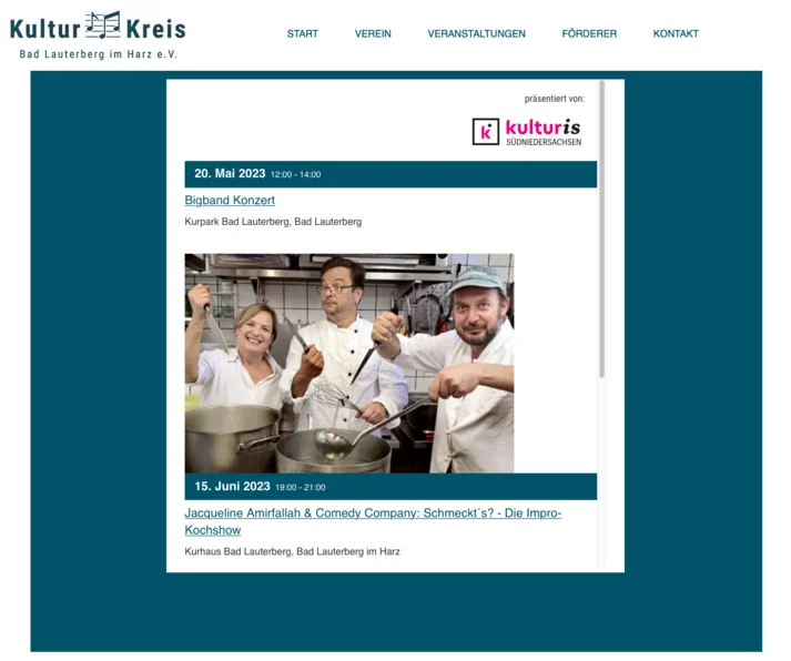 Screenshot des Filialkalender auf der Webseite des Kulturkreis Bad Lauterberg