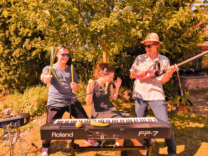 Die Musiker der Band "Comet Trio" musizieren während Corona in Ihrem Garten, um ihre Fans zu unterhalten