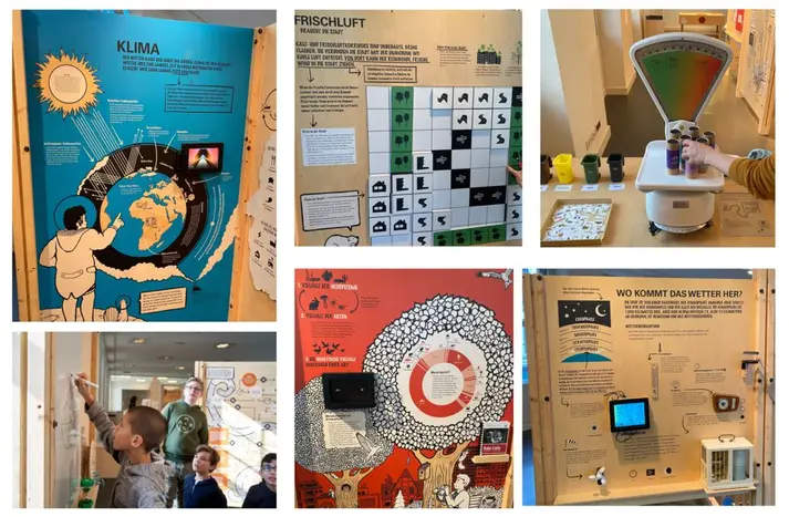 Ausstellungstafel mit Hinweis zum Wetter, alte Haushaltwaage für die Messung des CO2_abdruckes