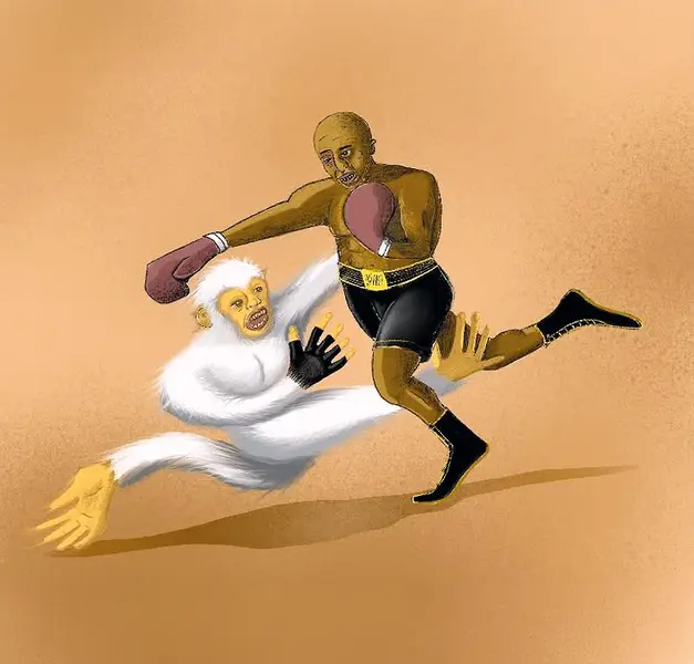 Illustration eines Boxers mit Handschuhen und schwarzer Sportkleidung, der gerade von einem weißen, affenähnlichen Fabelwesen mit langen Armen und gelben Händen zu Boden gerissen wird. Der Boxer wirkt überrascht, während das Wesen mit wildem Gesichtsausdruck zupackt. Der Hintergrund ist einfarbig in hellem Braun gehalten, was die Szene surreal und humorvoll wirken lässt.