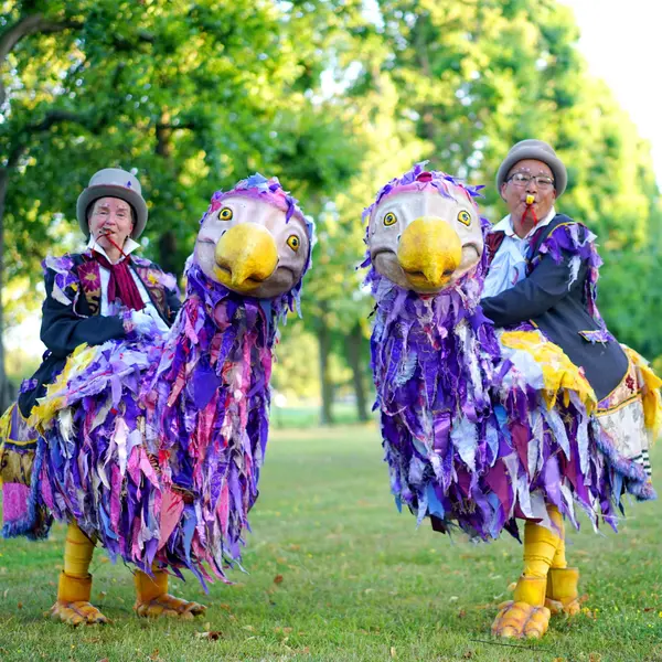 Zwei Performer in großen, farbenfrohen Vogelkostümen mit lila-pink-gelbem Gefieder aus Stoffstreifen und überdimensionalen gelben Schnäbeln stehen auf einer Wiese vor Bäumen. Hinter jedem Vogel lugt eine Person mit grauem Melonenhut hervor.