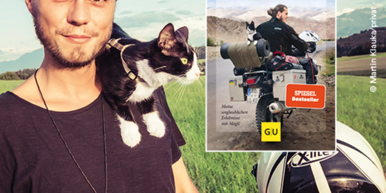 Ein Mann mit einer Katze auf der Schulter und einem Motorrad