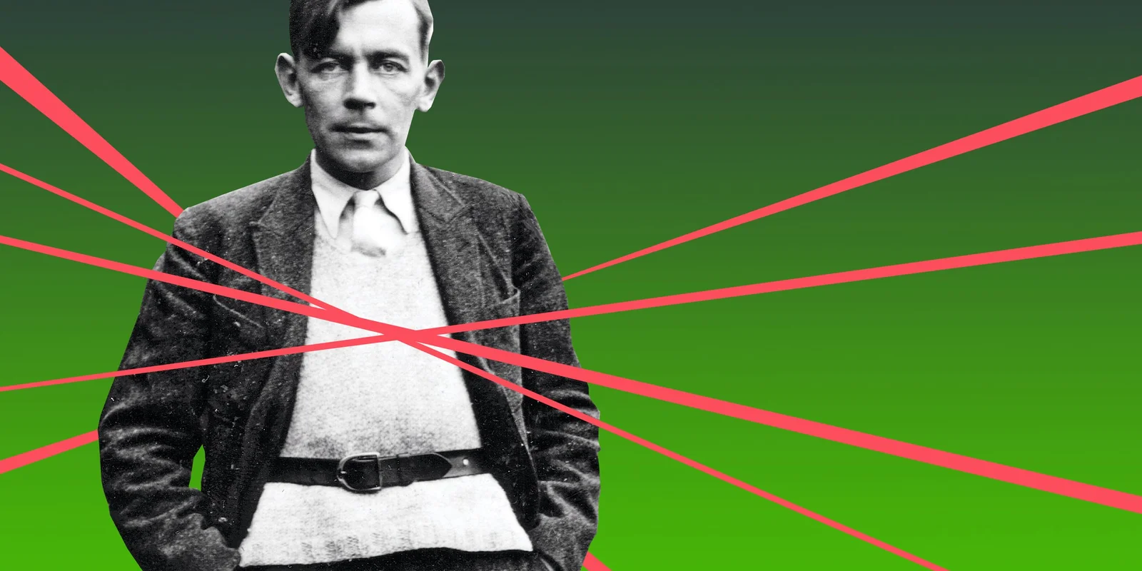 schwarz-weiß Foto eines Mannes vor grünem Hintergrund. Aus der Mitte seiner Brust gehen rote Strahlen in alle Richtungen.