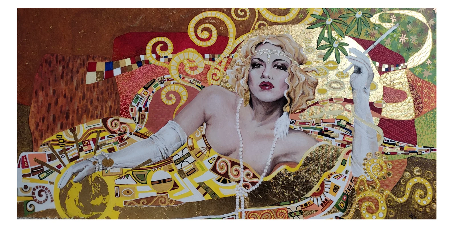 Acrylbild, bunt mit Künstlergold im Klimt Stil - liegende Dame