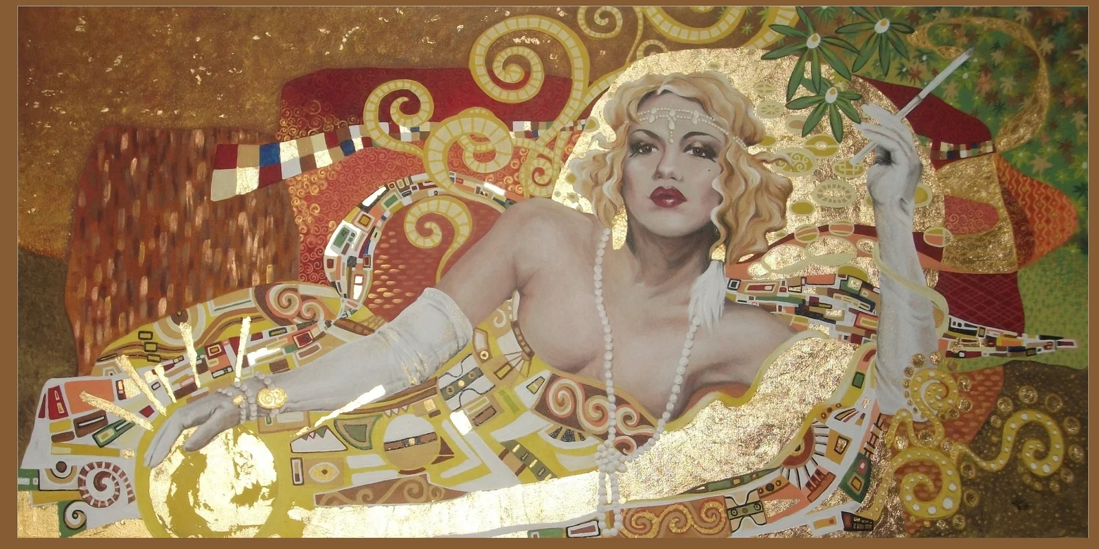 Acrylbild, bunt mit Künstlergold im Klimt Stil - liegende Dame