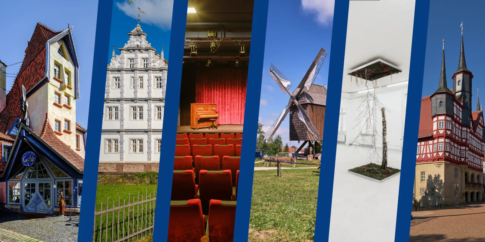 Collage mit Kulturorten: Theater der Nacht Northeim, Schloss Bevern, Kino Lumiere, Europäisches Brotmuseum Ebergötzen, Künstlerhaus Göttingen, Rathaus Duderstadt