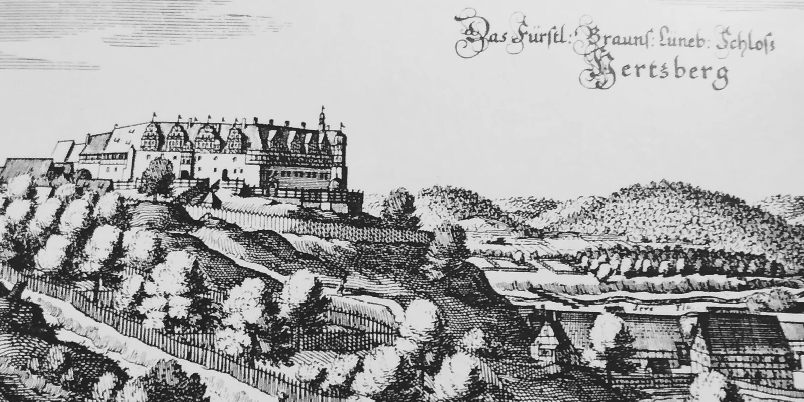 Stich von Merian Schloss Herzberg um 1654