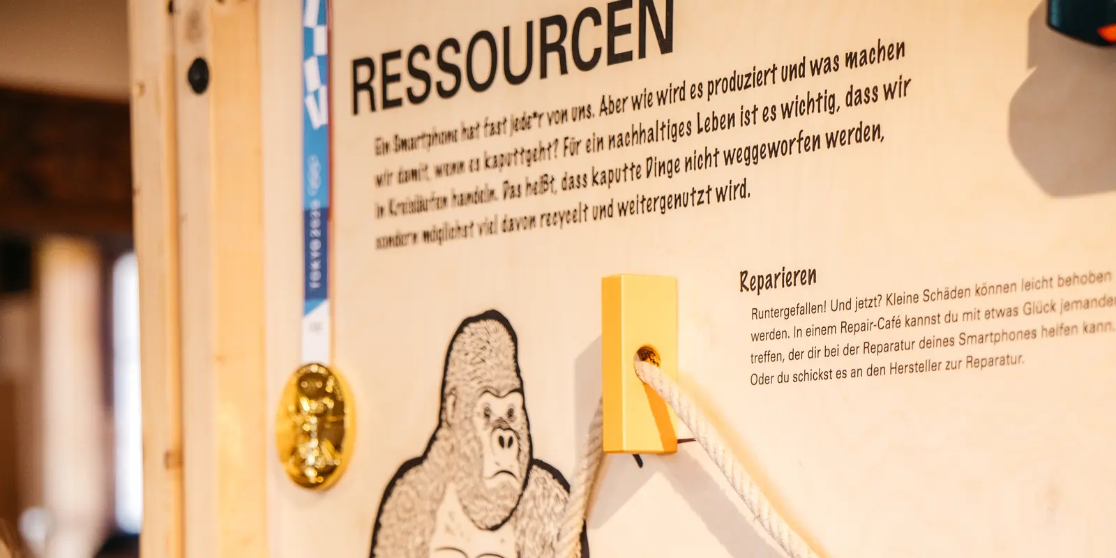 Ausstellungstafel zu Ressourcen mit Grafik eines Gorillas