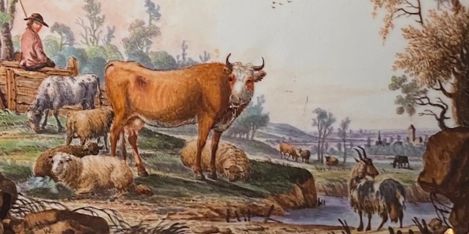 Bildplatte des Porzellanmalers Weitsch mit der Darstellung einer Landschaft mit einer Kuh im Vordergrund