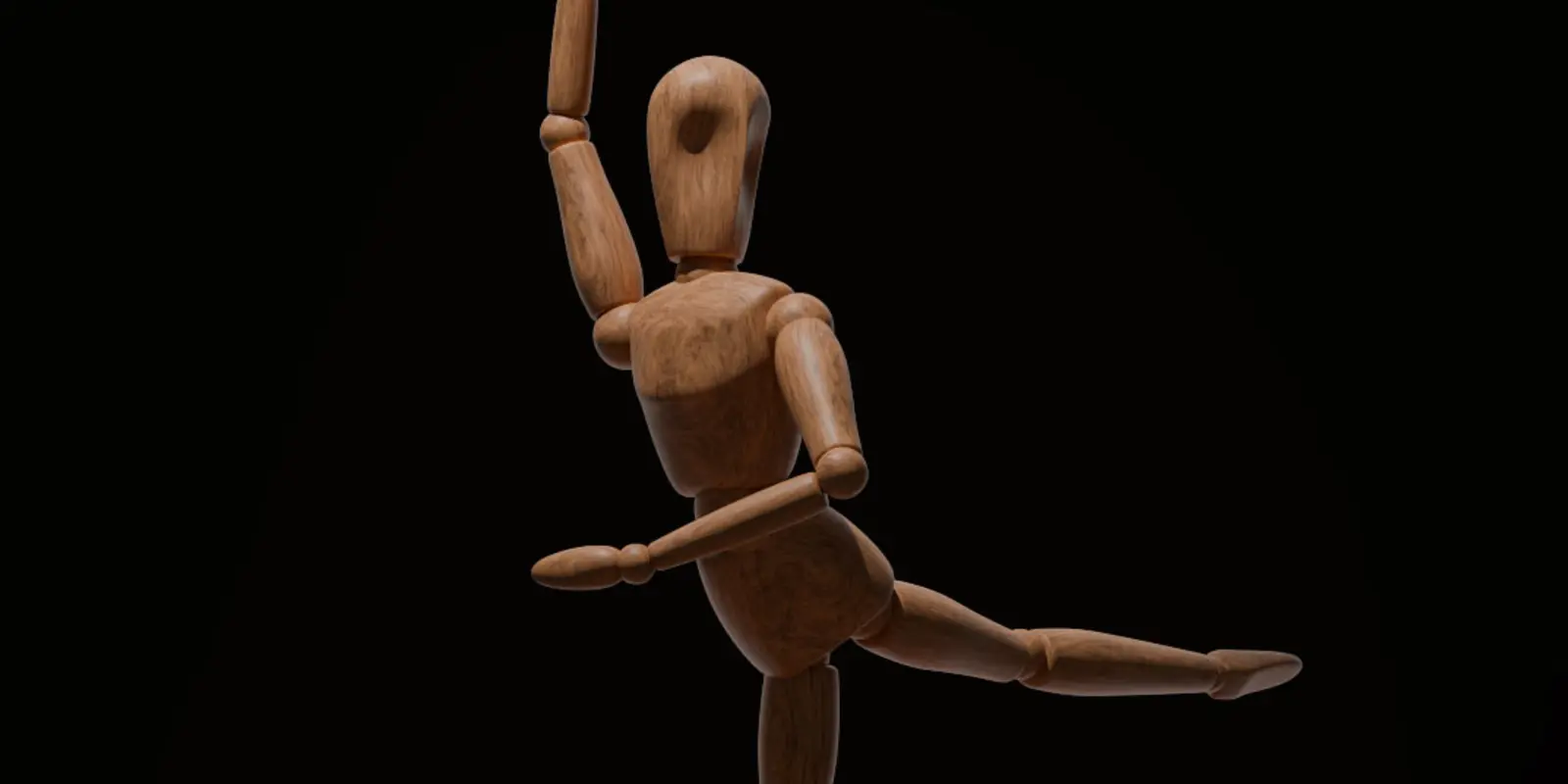 Holzpuppe in Tanzpose, umringt von Zahnrädern