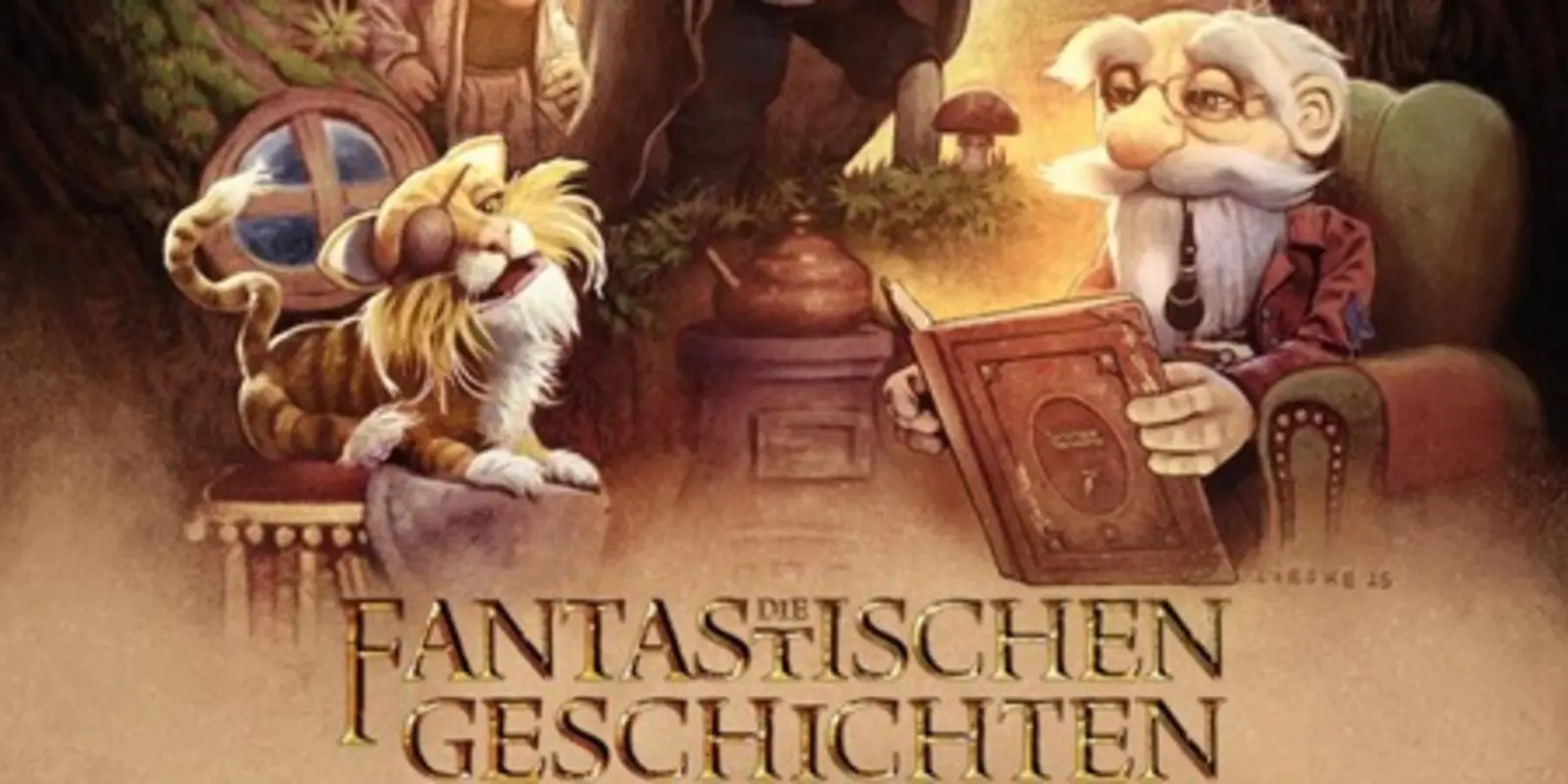 Filmplakat „Die Fantastischen Geschichten des Professor Kluck und die magische Glocke". Illustrierte Puppenfilm-Charaktere: ein großgewachsener Protagonist in der Mitte, umgeben von märchenhaften Figuren, Kobolden und einem Drachen im Hintergrund. Untertitel: „Warendorfs 1. Märchenfilm"