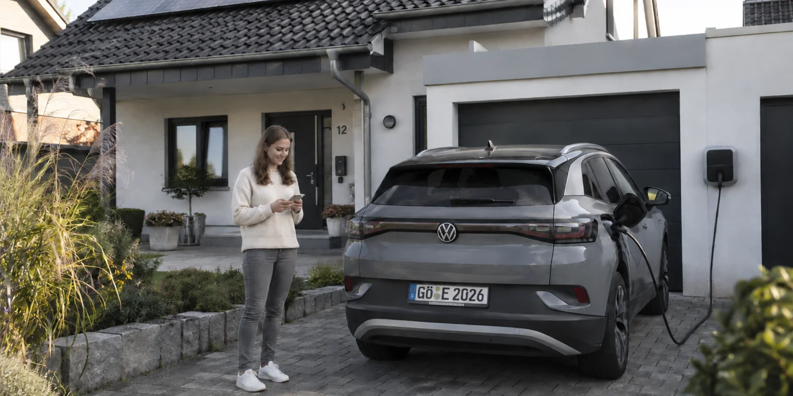 E-Auto lädt vor Haus mit PV