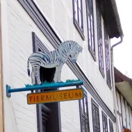 Schild mit der Aufschrift "Tiermuseum", darauf ein kleines Zebra aus Blech