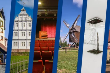 Collage mit Kulturorten: Theater der Nacht Northeim, Schloss Bevern, Kino Lumiere, Europäisches Brotmuseum Ebergötzen, Künstlerhaus Göttingen, Rathaus Duderstadt