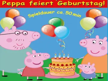 Bild mit Peppa Wutz und ihrer Familie. Text: Puppentheater Märchenland präsentiert Peppa feiert Geburtstag. Spieldauer 50 min