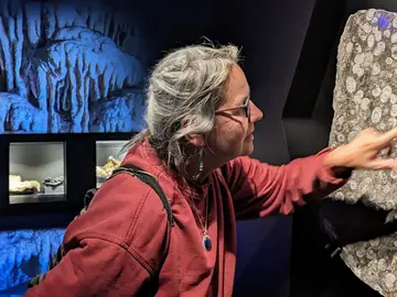 Eine Besucherin an der 330 Millionen Jahre alten, im HEZ ausgestellten Goniatitenplatte – Herkunft der Goniatitenplattet: Iberg-Winterberg-Massiv-(Foto: B. Moritz, Rechte: HEZ)
