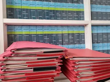 Ein Stapel Akten vor einem Bücherregal.