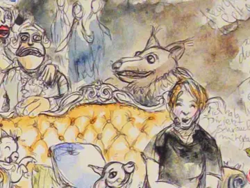 Zeichnung: Eine Person mit Figuren und Puppen auf einem Sofa