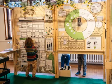 Ausstellungstafel mit weiß-grünen Grafiken zu Grünflächen in Göttingen