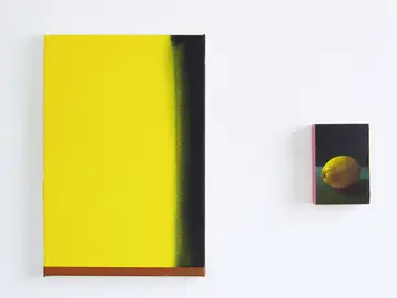  Friedhelm Falke, Kontext Zitrone/Schwarzgrün vertikal, Acryl auf Nessel, Harzöl und Tempera auf Holz, zweiteilig, 40 x 30 und 15 x 10 cm, 2022