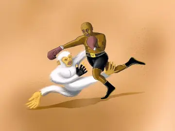 Illustration eines Boxers mit Handschuhen und schwarzer Sportkleidung, der gerade von einem weißen, affenähnlichen Fabelwesen mit langen Armen und gelben Händen zu Boden gerissen wird. Der Boxer wirkt überrascht, während das Wesen mit wildem Gesichtsausdruck zupackt. Der Hintergrund ist einfarbig in hellem Braun gehalten, was die Szene surreal und humorvoll wirken lässt.