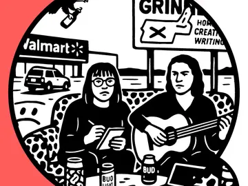 Illustration zum Stück Iowa - zwei Menschen auf einem Sofa, einer davon mit einer Gitarre