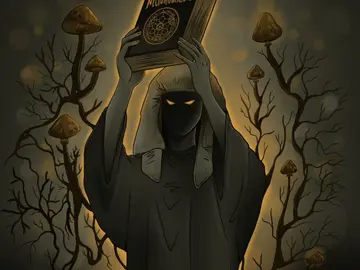 Eine mysteriöse Figur hält das Necronomicon in die Höhe. Um ihn herum wachsen Pilze.