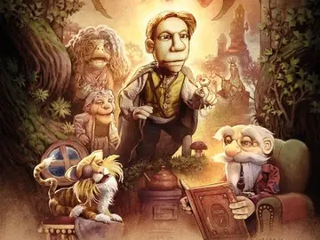 Filmplakat „Die Fantastischen Geschichten des Professor Kluck und die magische Glocke". Illustrierte Puppenfilm-Charaktere: ein großgewachsener Protagonist in der Mitte, umgeben von märchenhaften Figuren, Kobolden und einem Drachen im Hintergrund. Untertitel: „Warendorfs 1. Märchenfilm"
