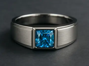 Ein silberner Ring mit blauem Edelstein liegt auf einem grauen Hintergrund