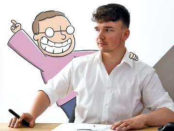 Maxim Seehagen mit einer Cartoon-Figur im Hintergrund