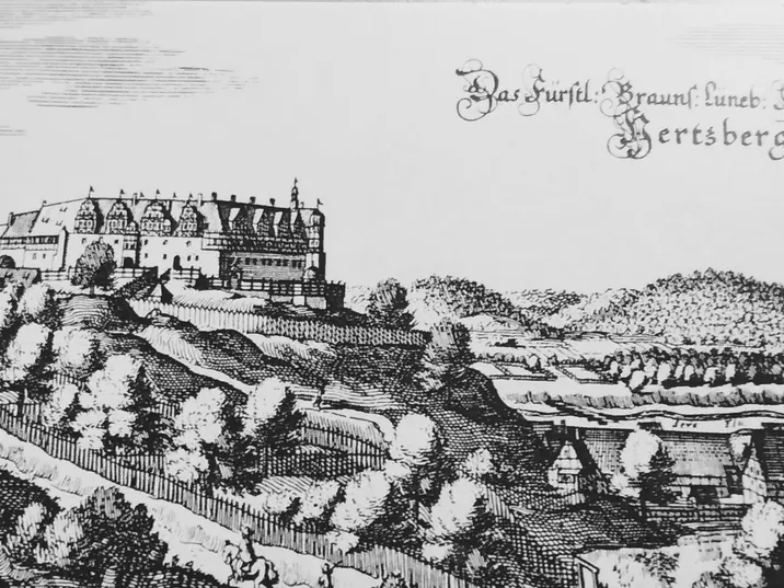 Stich von Merian Schloss Herzberg um 1654