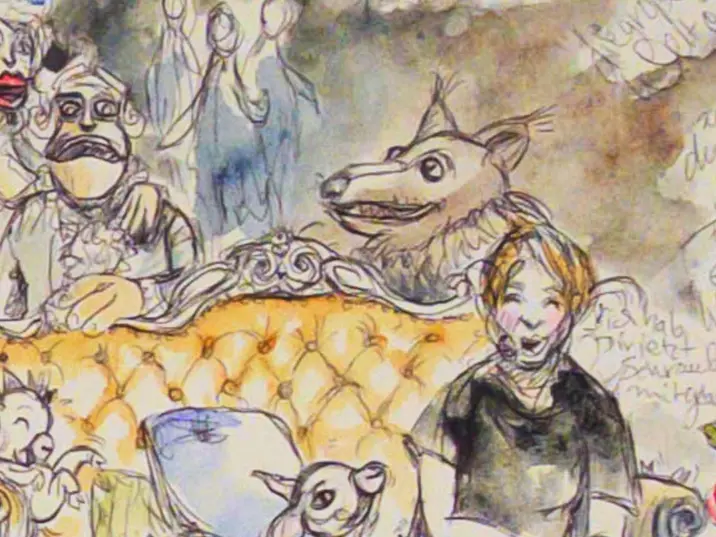 Zeichnung: Eine Person mit Figuren und Puppen auf einem Sofa
