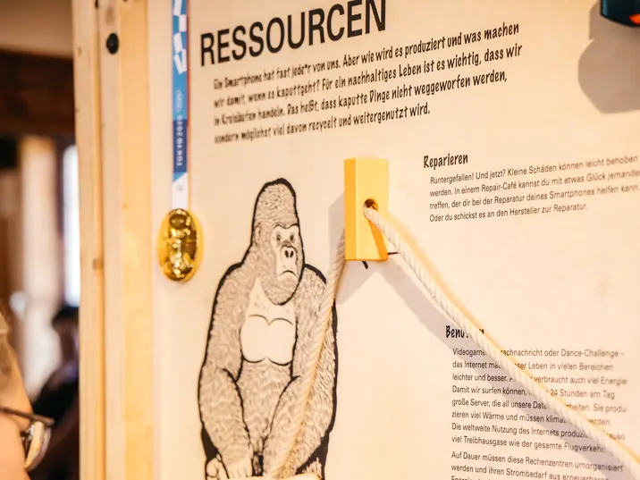 Ausstellungstafel zu Ressourcen mit Grafik eines Gorillas