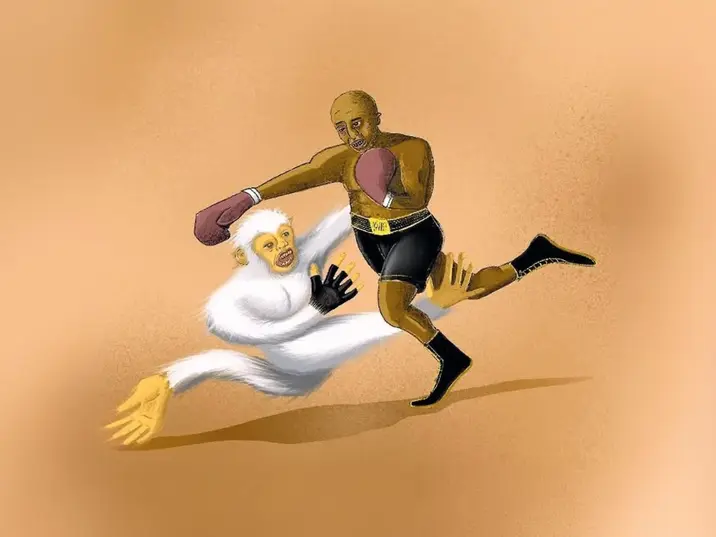Illustration eines Boxers mit Handschuhen und schwarzer Sportkleidung, der gerade von einem weißen, affenähnlichen Fabelwesen mit langen Armen und gelben Händen zu Boden gerissen wird. Der Boxer wirkt überrascht, während das Wesen mit wildem Gesichtsausdruck zupackt. Der Hintergrund ist einfarbig in hellem Braun gehalten, was die Szene surreal und humorvoll wirken lässt.