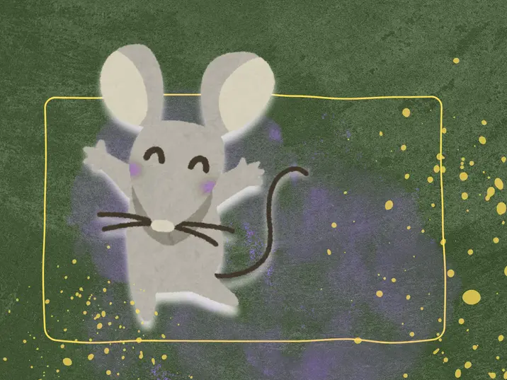 Auf dem Bild ist eine stilisierte, fröhlich wirkende Maus mit großen, runden Ohren, rosigen Wangen und ausgebreiteten Armen zu sehen. Die Maus steht aufrecht in einem hellen, rechteckigen Lichtfeld, das an eine Bühne erinnert. Der Hintergrund ist grün mit gelben Farbspritzern und violetten Schattierungen, was eine verspielte, kreative Atmosphäre vermittelt.